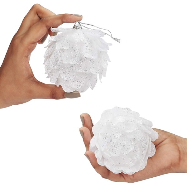 Tallrikspins i Tallkottform (set om 4) - Stora Vita Julgranskulor i Form av en Glittrande Tallkott med Snöre - Vit Juldekoration att Hänga på Trädet, Wr