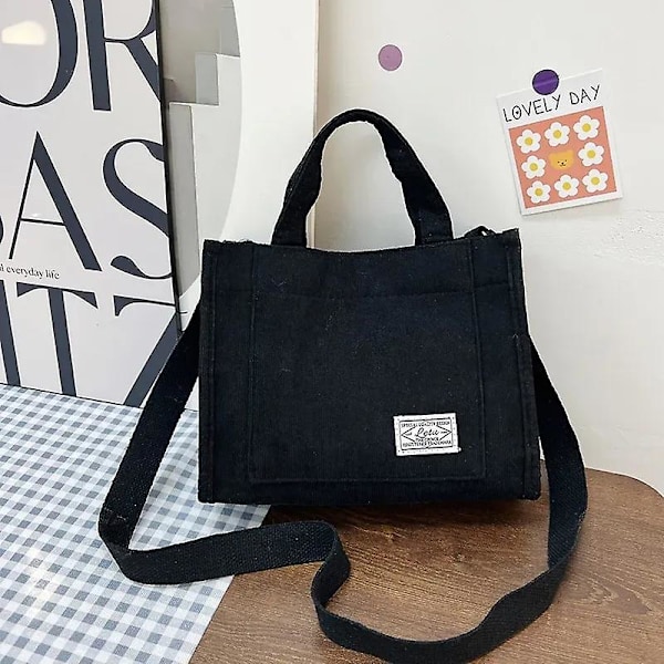 Handväska Dam Canvas Casual Tote Bag Retro Art Canvas Crossbody Väskor för Kvinnor Corduroy Dragkedja Axelväskor Lyx Designer Sac（svart）