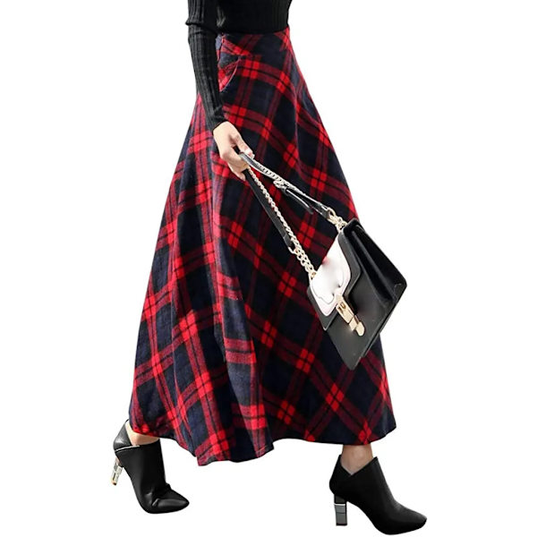 Kvinnors lång kjol hög midja vinter varm ull kjol retro elegant rutig lång kjol casual elastisk midja vinter kjol a-linje plisserad kjol