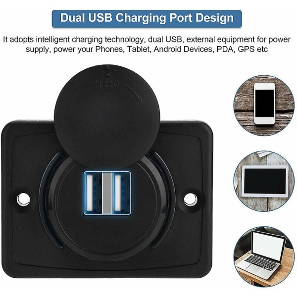 12V bil-USB-uttak Flush Mount, Bil-USB-lader, Dual USB 2 Port Adapter Laderuttak, USB 3.1A 12V LED vanntett ladepanel kompatibel Motorho