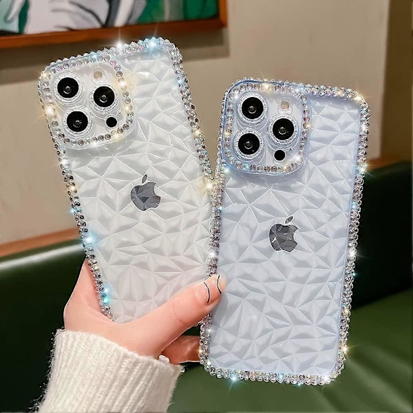 iPhone 13 Pro Skal, Kristallklart Bling Diamant Rhinestone Skal för Flickor Kvinnor, Glansigt Glittrande Mjuk Silikon Lins Fullt Skydd (Blå)