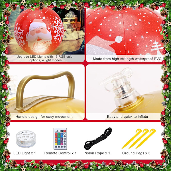 1 stk. Julepynt Oppustelig Julekugle 24 tommer Lysende PVC Poolkugler, med Genopladeligt Lys, Fjernbetjening til Udendørs Have & Pool Dekorationer