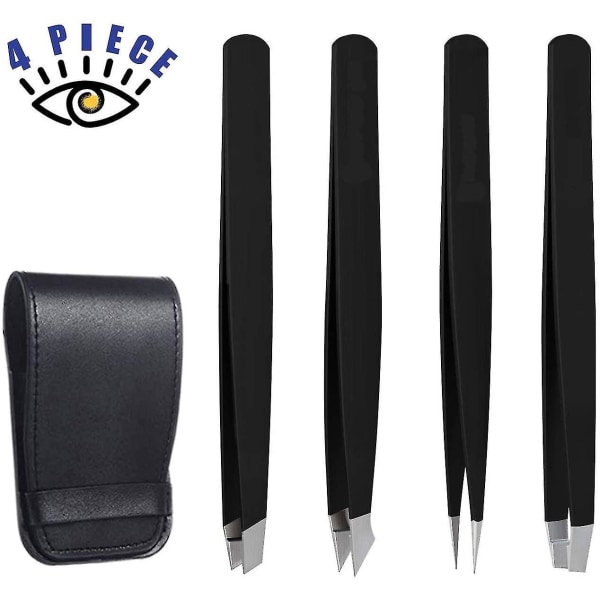 Øyenbrynspinsettsett med reiseveske, 4-delers daglige skjønnhetsverktøy for hårfjerning, beste presisjon (svart)