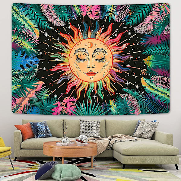 Väggdekor 150 X 130cm Psykedelisk Sol Gobeläng Växter Blad Måne Och Stjärnor Gobeläng Mystisk Fraktal Ansikten Gobeläng Färgglad Mandala Gobeläng