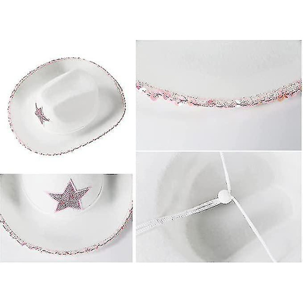 Vit Cowboyhatt i Filt, Prinsesshatt med Rosa Sekvensstjärna (Cowboy)