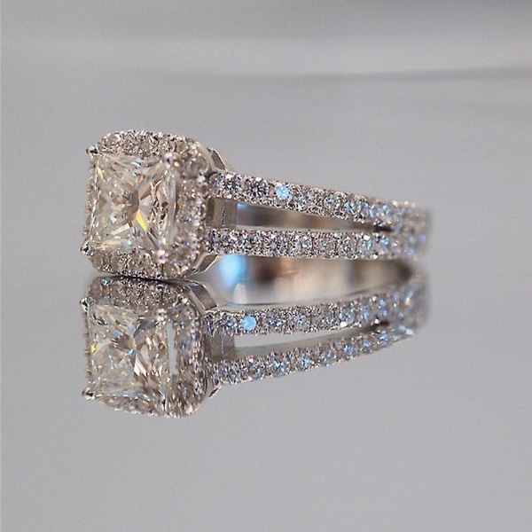 Luksus bryllupsgave Sølvbelagte ring til kvinder Cubic Zircon smykker, størrelse 9