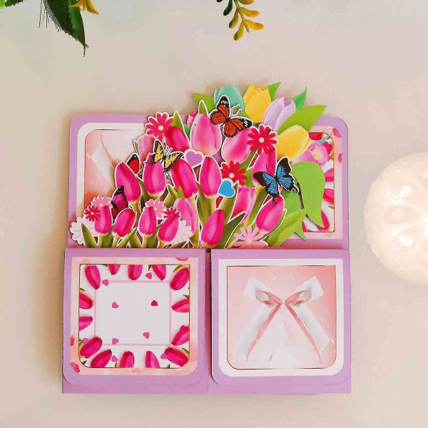 3D Pop Up äitienpäiväkortti, vaaleanpunaiset tulppaanit, syntymäpäiväkortti