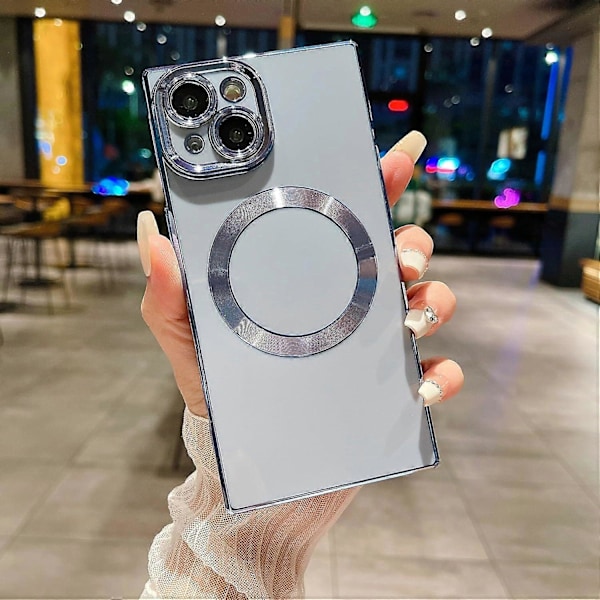 iPhone 15 Plus [MagSafe-kompatibel] Fullt Kameraskydd & Elektropläterade Förstärkta Hörnskydd Stötsäker Mjuk TPU Kant Bumper Case (Blå)