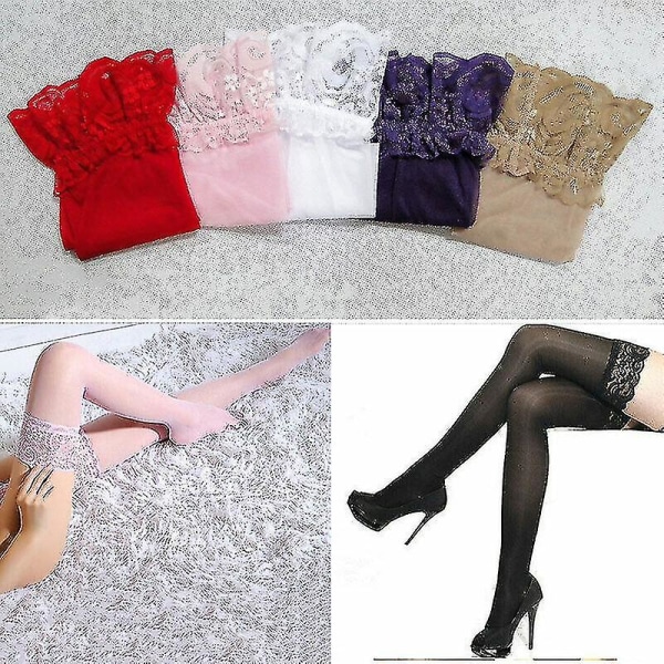 Sexy Lace Top Hold Ups -sukkahousut, läpinäkyvä, joustava tai silikoninauha (violetti)