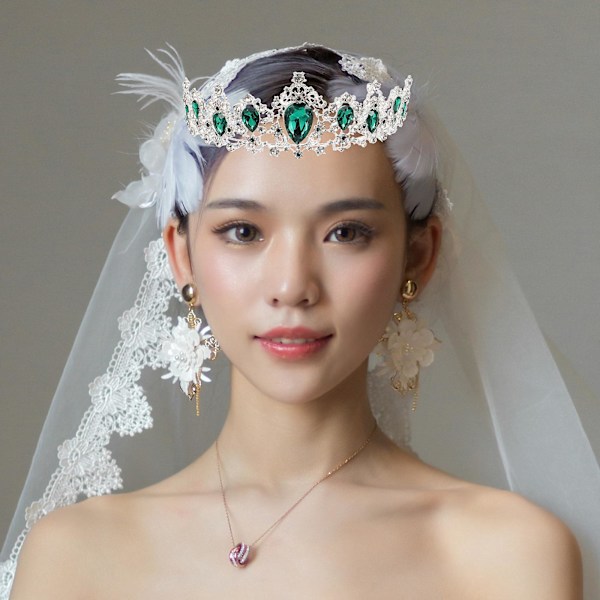 Royal Crystal Tiara Bröllopskrona Huvudbonader Brud Hårtillbehör (Silverbas, Grön)