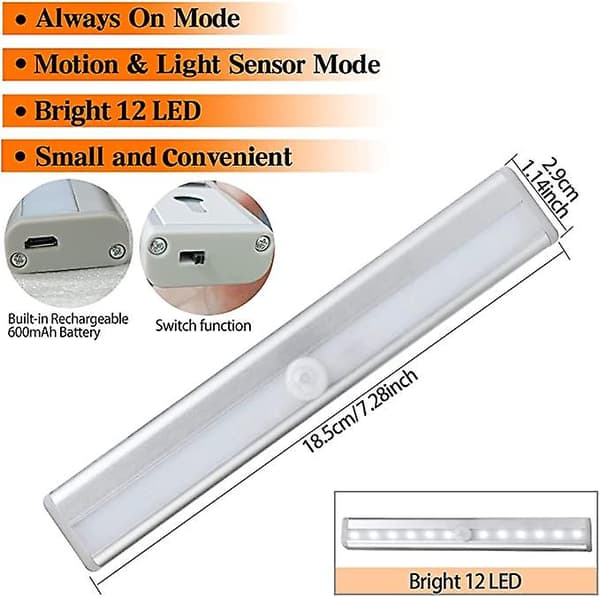 Sensor skabsl lampe LED genopladelig batteri natlys strimmel 2 stk