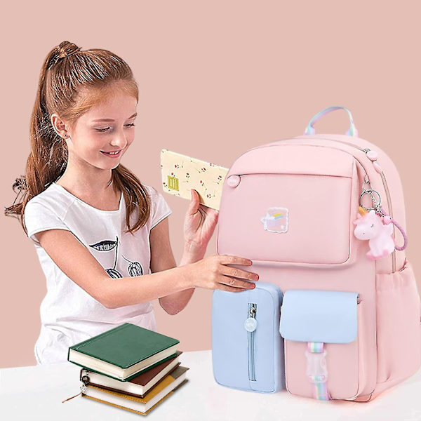 Ryggsäck för flickor, vattentät, lätt, stor kapacitet, barnryggsäck, grundskola = (rosa)