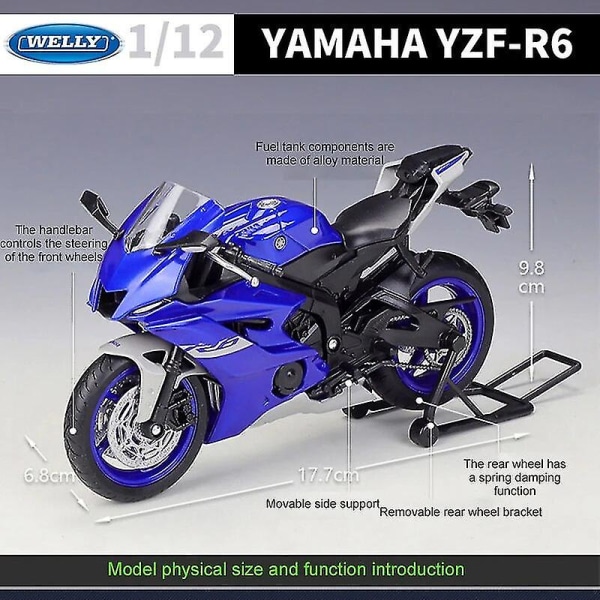 Welly 1:12 2020 Yamaha Yzf-r6 Diecast -moottoripyörämalli Heavy Duty Travel Diecast-moottoripyörän metalliseosleluautokokoelma Kid B493 (YZF R6 nobox6)