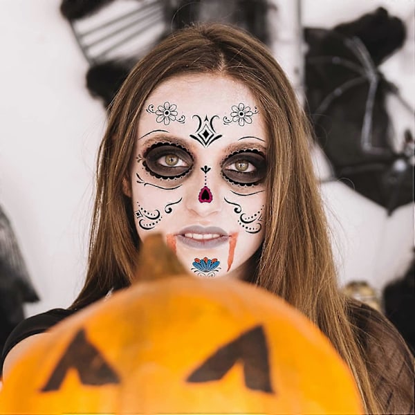 6-pack Dag för de döda Sockerkraniet Ansiktstemporär Tatuering Halloween Makeup Tatueringsdekaler för Halloween Maskeradfest