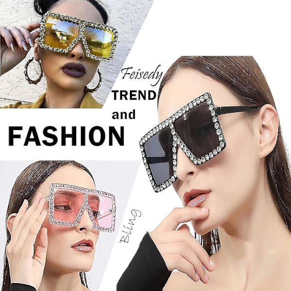 Överdimensionerade Glittrande Kristall Solglasögon Disco Diamond Platta Topp Mode Kvadrat Stora Solglasögon