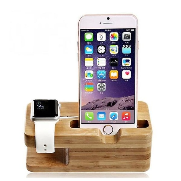 Opladningsdock i træ, kompatibel med Apple Watch Iphone 56, iphone 6 Plus