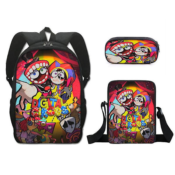 Fantastiska digitala cirkus digitala cirkusskola ryggsäck tredelad set crossbody väska enkelsidig pennfodral（Ryggsäck，19）