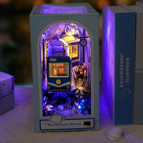 3D-träpussel-bokstöd, dekorativt bokstöd, DIY-bokhörna Miniatyrkit för födelsedag Hem Skrivbordsdekor Nytt（Blå）