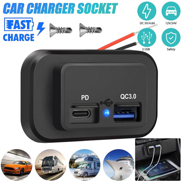 12-24v 4.8a Dobbel Usb Pd Qc3.0 Bil Båt Rv Hurtiglader Socket Led Strømuttak - Snngv