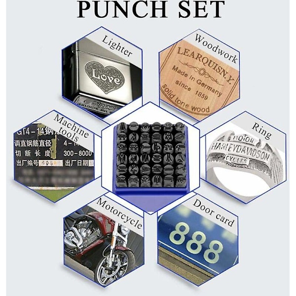 Poinon de Lettre, Sats av 36 Stämplar i Metall, Bokstavs- och Siffrorstämpel, Alphabet A-Z och Nummer 0-8 i Kolstål, Verktyg för