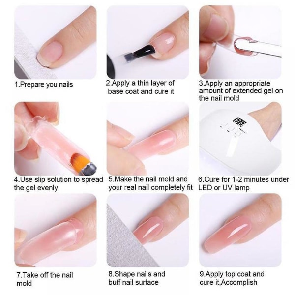Extended Nail Enhancement Kit - Innehåller en 16-delad set med 7 nakennagelförstärkningar med nagelljus