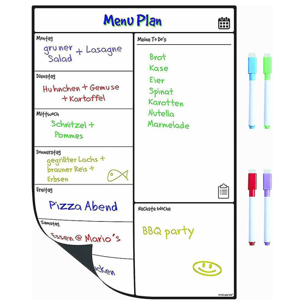 Magnetisk tavle Køleskabskalender med nyttig menuplanlægger, memo eller ugentlig indkøbsliste kompatibel med voksne og børn - Notesblok leveres med 4 co.