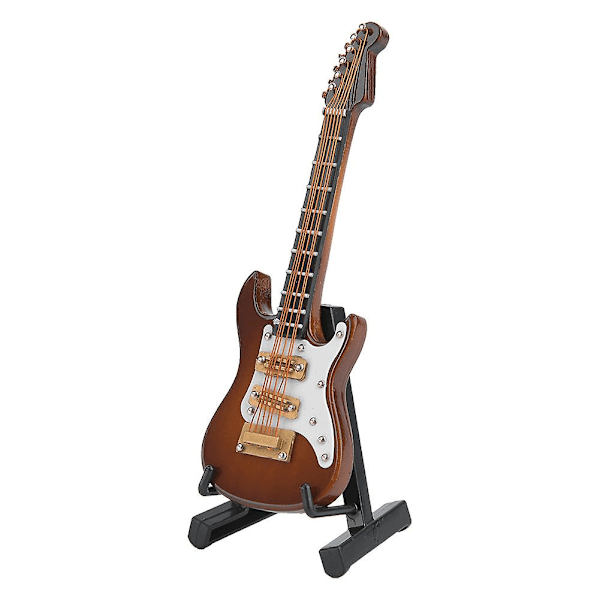 Miniatyr elgitarr modell 10 cm med stativ - Trä samlarobjekt prydnad (vit kaffe)
