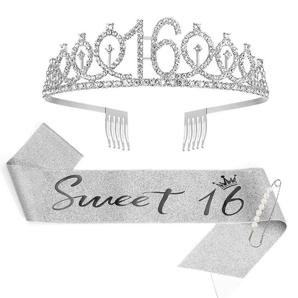 16-vuotisvyö ja tiara tytöille, Sweet Sixteen Syntymäpäivä vyö ja tiara 16 & upeat tiara 1kpl (hopeaa)