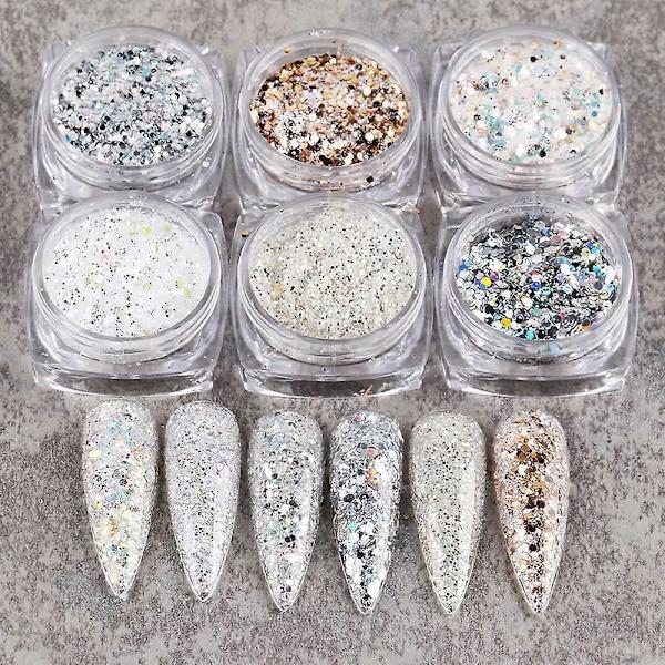 Holografiska Nagelkonstpaljetter Glitterset 6 Ask 3D Naglar Glitter Metallisk Glimmande Flakes Akrylpulver Damm Paljetter för Nageldekoration Holografi