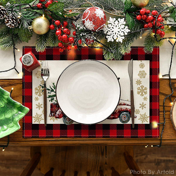 Röd och svart buffelrutig lastbil God Jul Servetter Set om 4, 30,48 x 45,72 cm Vinter Jul Semester Bordsskydd för Fest Dekoration