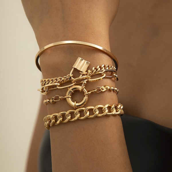 WABJTAM 5 st guldkedjelänkarmband för kvinnor, 14K guldpläterad läcker justerbar kubansk gem Stackarmband armband för kvinnor flickor smycken present