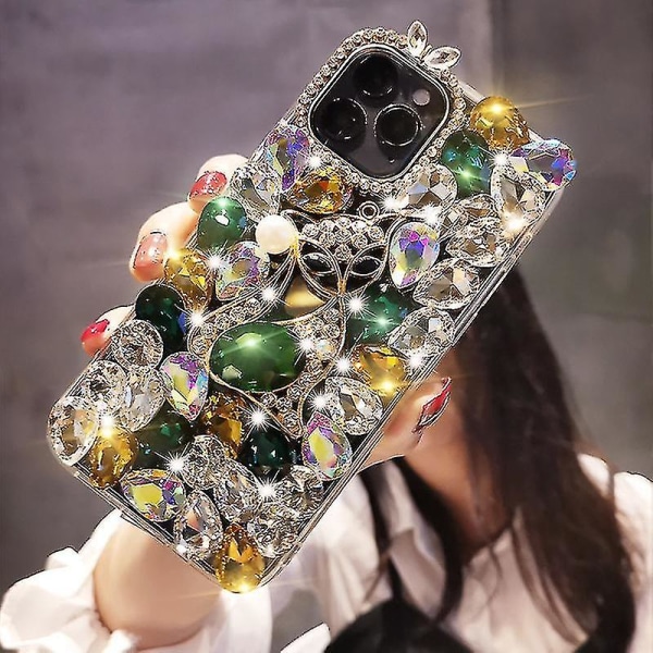 Case on yhteensopiva Iphone 13 Pro Maxin kanssa, 3d Käsintehty Luxury Shiny Crystal Glitter tekojalokivi jalokivet kirkas kova PC Casegreen
