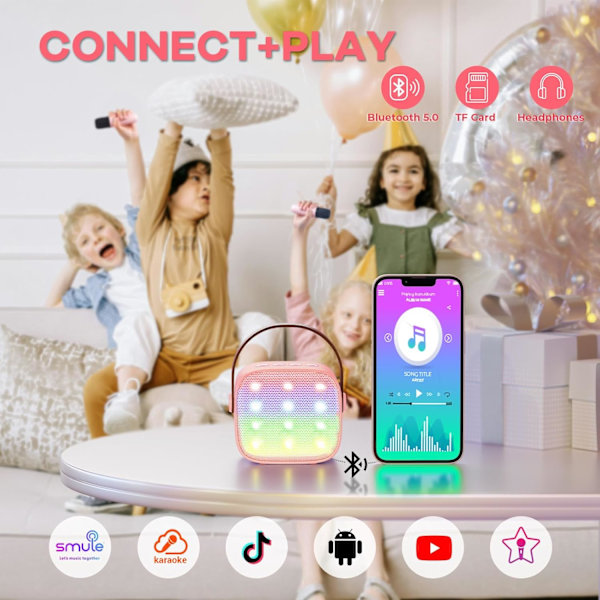 Mini Karaoke-maskin för barn, Bärbar Bluetooth-högtalare med trådlös mikrofon, Julgåvor för flickor 4-10 år (Rosa)