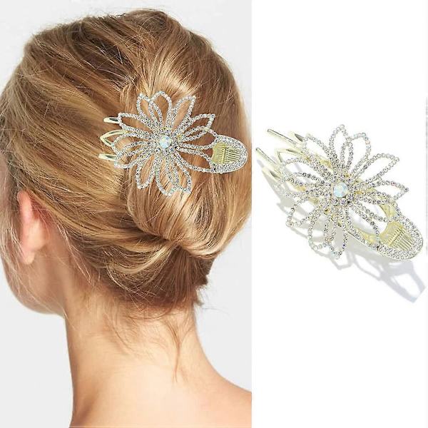 Rhinestone Fransk Hårklämma Guldmetall Hårklämma Blomma Andklämma Alligator Hårklämmor o Halka Starkt Grepp Hårtillbehör för Kvinnor och Flickor (Typ 1