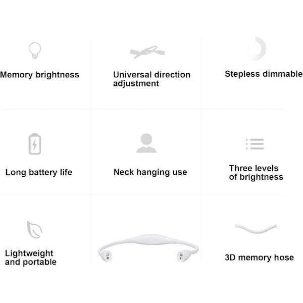 Halslampe, USB-oppladbar med 3 lysstyrkenivåer, 360° fleksibel LED-halsleselampe for løping/lesing/studie (hvit)