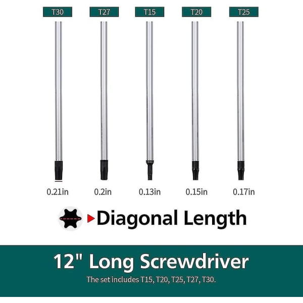 Erittäin pitkä Torx-ruuvimeisselisetti, 5 kpl 12 tuuman magneettista Torx-ruuvimeisselisettiä, T15 - T30 (t15,t20,t25,t27,t30) Magneettinen Torx-ruuvimeisselisetti