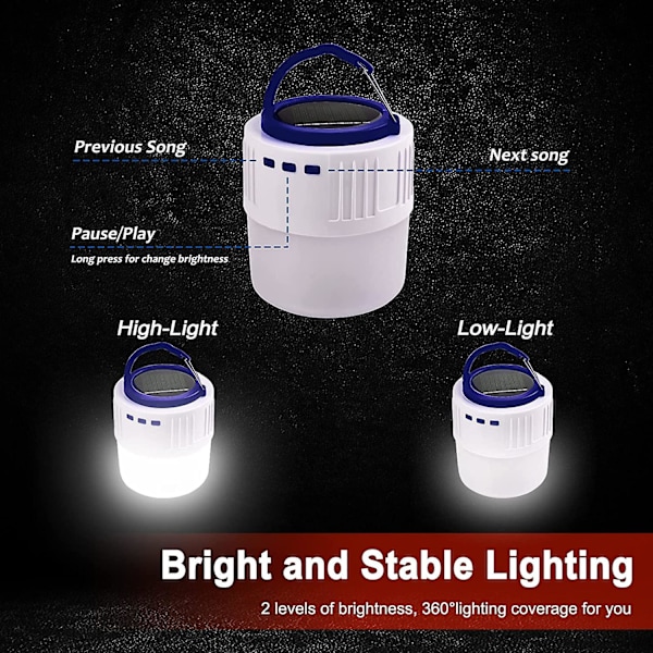 LED solardriven campinglykta, uppladdningsbar med Bluetooth-högtalare, bärbar solficklampa Powerbank, vattentät solcellslampa för inomhus- och utomhusbruk