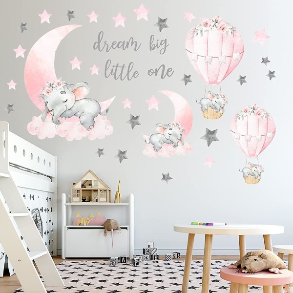 Dream Big Little One Elefantti-seinätarrat, vaaleanpunainen kuu kuumailmapallo, harmaa tähdet seinätarrat päiväkodin lastenhuoneeseen olohuoneen makuuhuoneen koristeisiin Ho