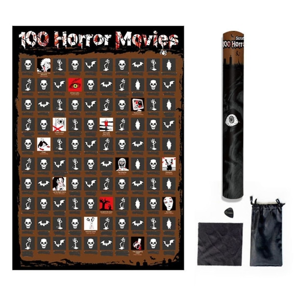 100 skräckfilmer Skrapa av affisch för Halloween måste se filmutmaningar Affischpresenter till filmfans (Brun)