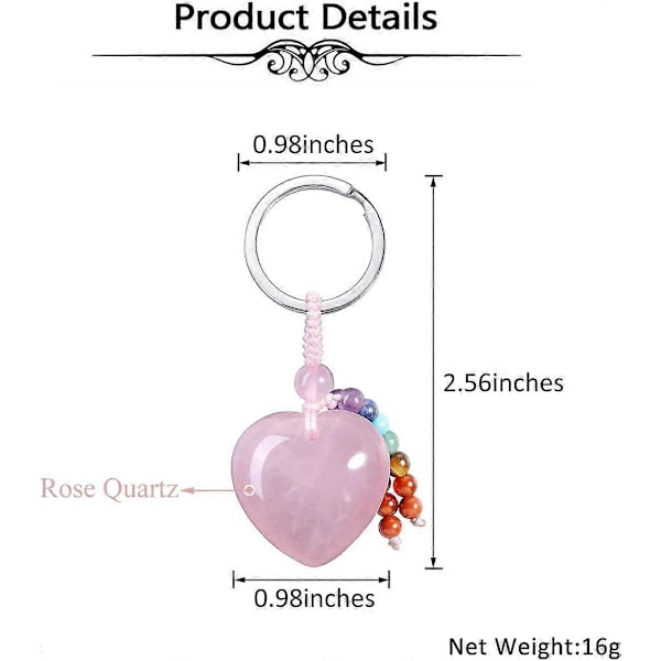Naturlig Rosakvarts Hjärta Kristall Nyckelring 7 Chakras Läkande Ädelsten Nyckelring Charm för Kvinnor