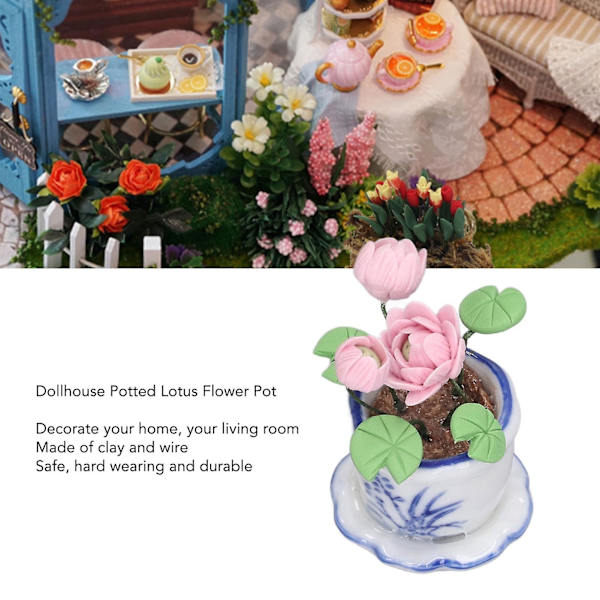 1:12 skala dockhuskruka med lotusblomma, miniatyrdekoration i harts, liten kruka med lotusblomma