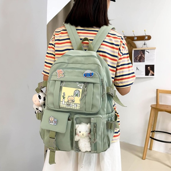 2024, ryggsäck. Japansk Kawaii ryggsäck skolväska med hänge. Liten ryggsäck. Skolmaterial C-grön