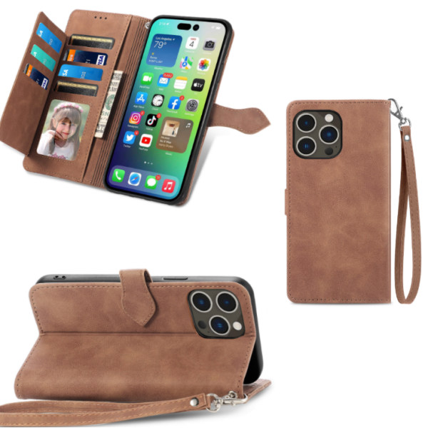 För iPhone14 Plus Phone case Skyddsfodral-plånbok typ brun