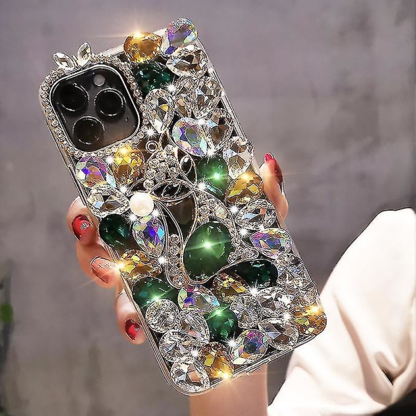 Case on yhteensopiva Iphone 13 Pro Maxin kanssa, 3d Käsintehty Luxury Shiny Crystal Glitter tekojalokivi jalokivet kirkas kova PC Casegreen