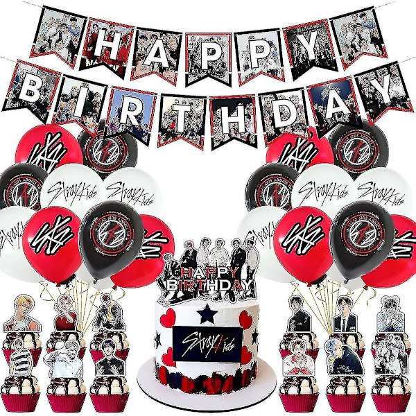 Heytea Stray-kids juhlatarvikkeet, Stray-kids juhlakoristeet sisältävät Happy Birthday -bannerit, kakkukoristeet, cupcake-koristeet,-yvan