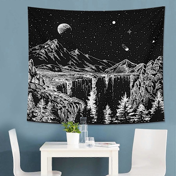 Väggdekor 150x130cm Stjärnhimmel Gobeläng Gobeläng Berg Måne och Stjärnor Gobeläng Svartvit Vägg Gobeläng för Sovrum Vardagsrum Sovsal