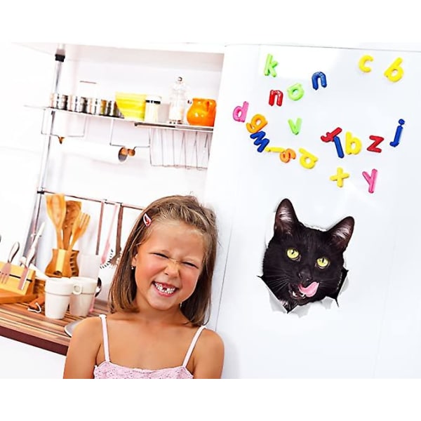 3D Cat Stickers | 2 pakke | Hungry Black Cat Decals til væg - Klistermærker til soveværelset - Køleskab