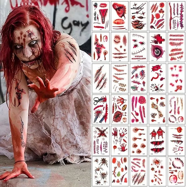 Halloween-klistermærker 30 stk., Realistiske Halloween-tatoverings-klistermærker - vandtætte, blodige og skræmmende - perfekt til halloween-fester og -goder（stil1）