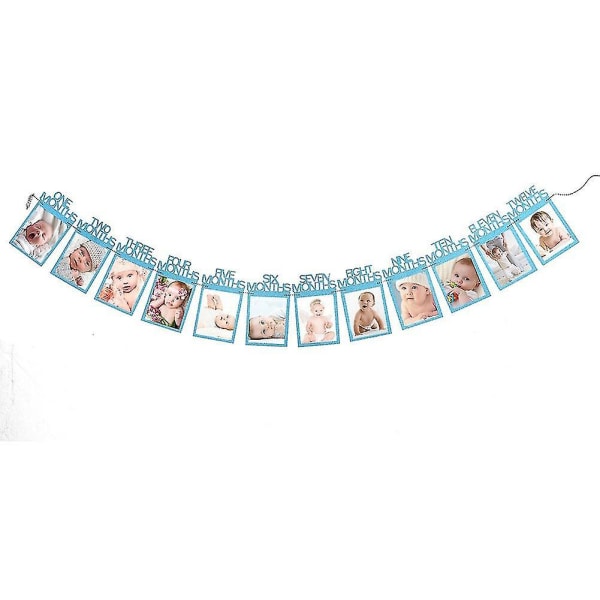 Baby Barn Bursdagsgavedekorasjon 1-12 måneders bildebanner Månedlig fotovegg（blå）
