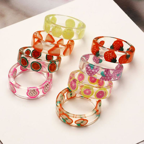 Wabjtam 12 st Resin Fruktringar Set Färgglada Transparenta Plast Fruktringar Jordgubbe Kiwi Citron Äpple Druva Pitaya Grapefrukt Orange Vattenmelon Cu